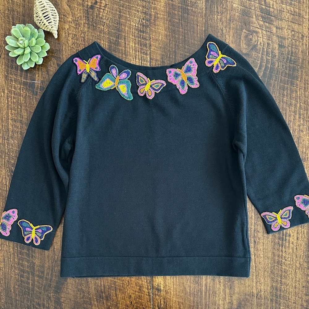 Belle Pointe | Vintage Whimsical Beaded Butterfly Wide Neck Sweater, Size XL